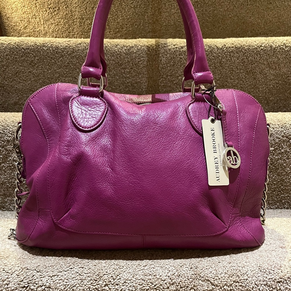 Audrey Brooke Large Leather Fuchsia 3 compartment Satchel- NWT